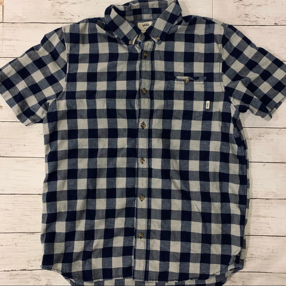Vans Plaid Button Down front pocket Shirt Navy Blue Small